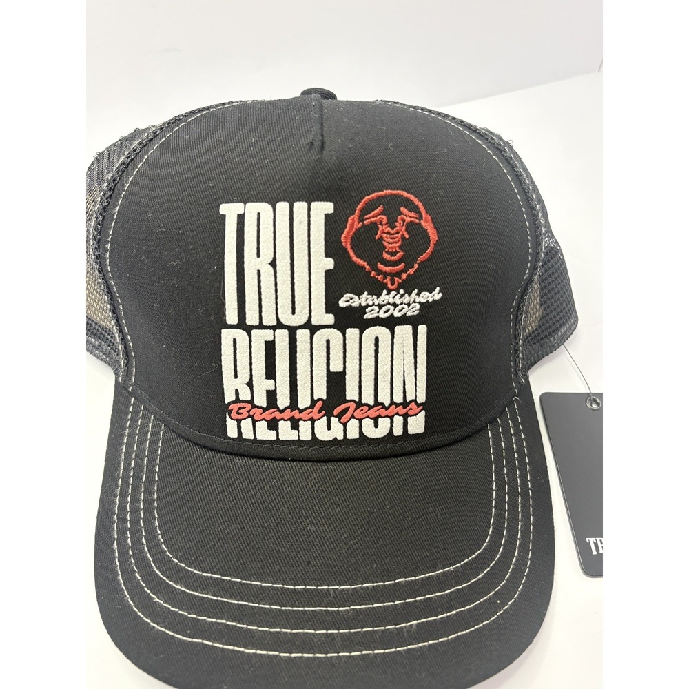 True Religion Buddha Logo Trucker Hat Black Mesh Back Adjustable One Size